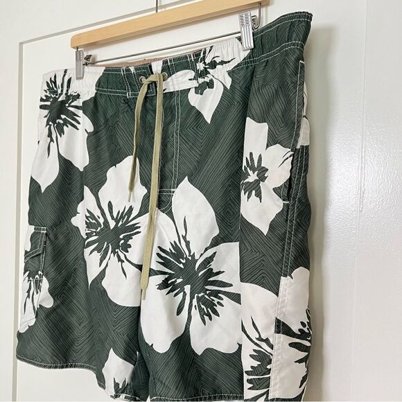 No Bad Days Swim Shorts Trunks Mens Size Large Green Floral Pockets Drawstring - Picture 3 of 13